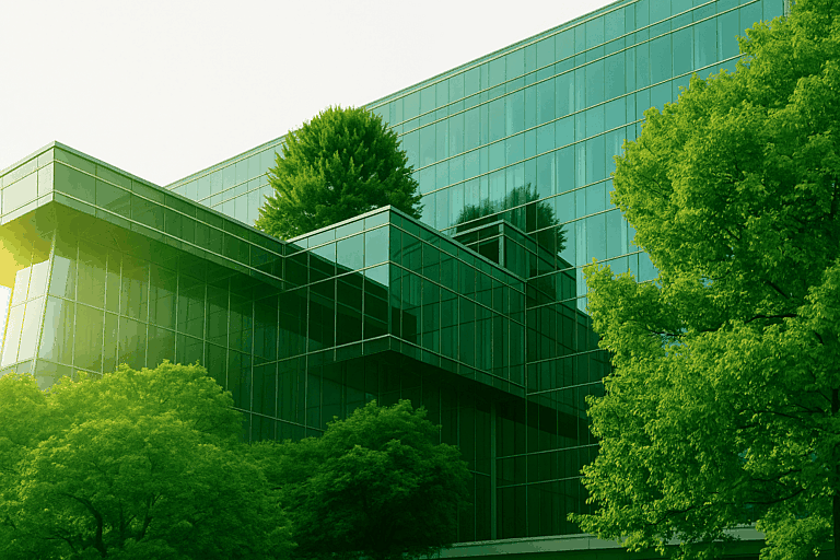 Modernes, Bürogebäude mit Glasfassade im Grünen – Symbol für ESG-Integration