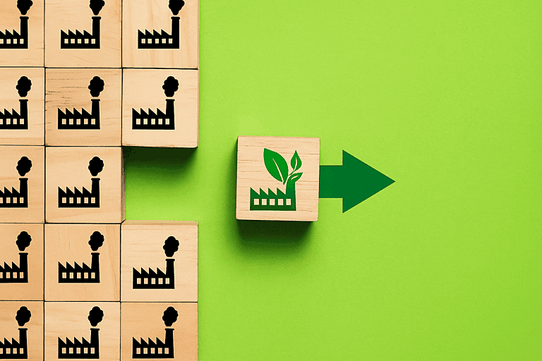 Wooden cube with environmentally friendly factory symbol stands out from conventional symbols – symbolic image for greenwashing