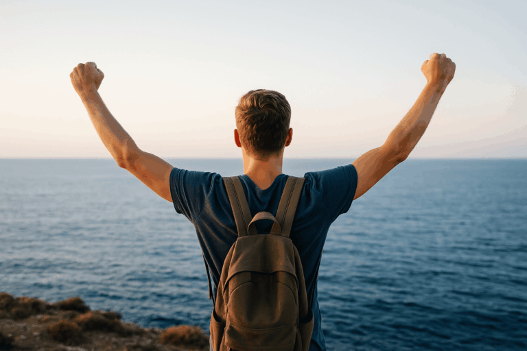 Person standing by the sea looking into the distance, symbol of independence and financial freedom