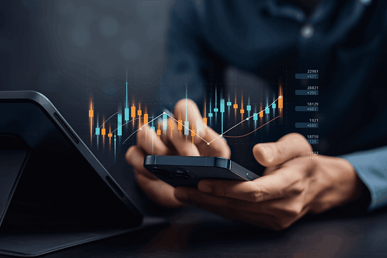 Financial analysis on smartphones and tablets with illuminated stock market charts – symbolic of sound investment decisions