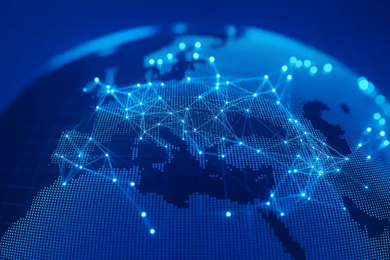 Digital illustration of a world map with bright connecting lines across Europe, North Africa and Asia, symbolising global partnerships.