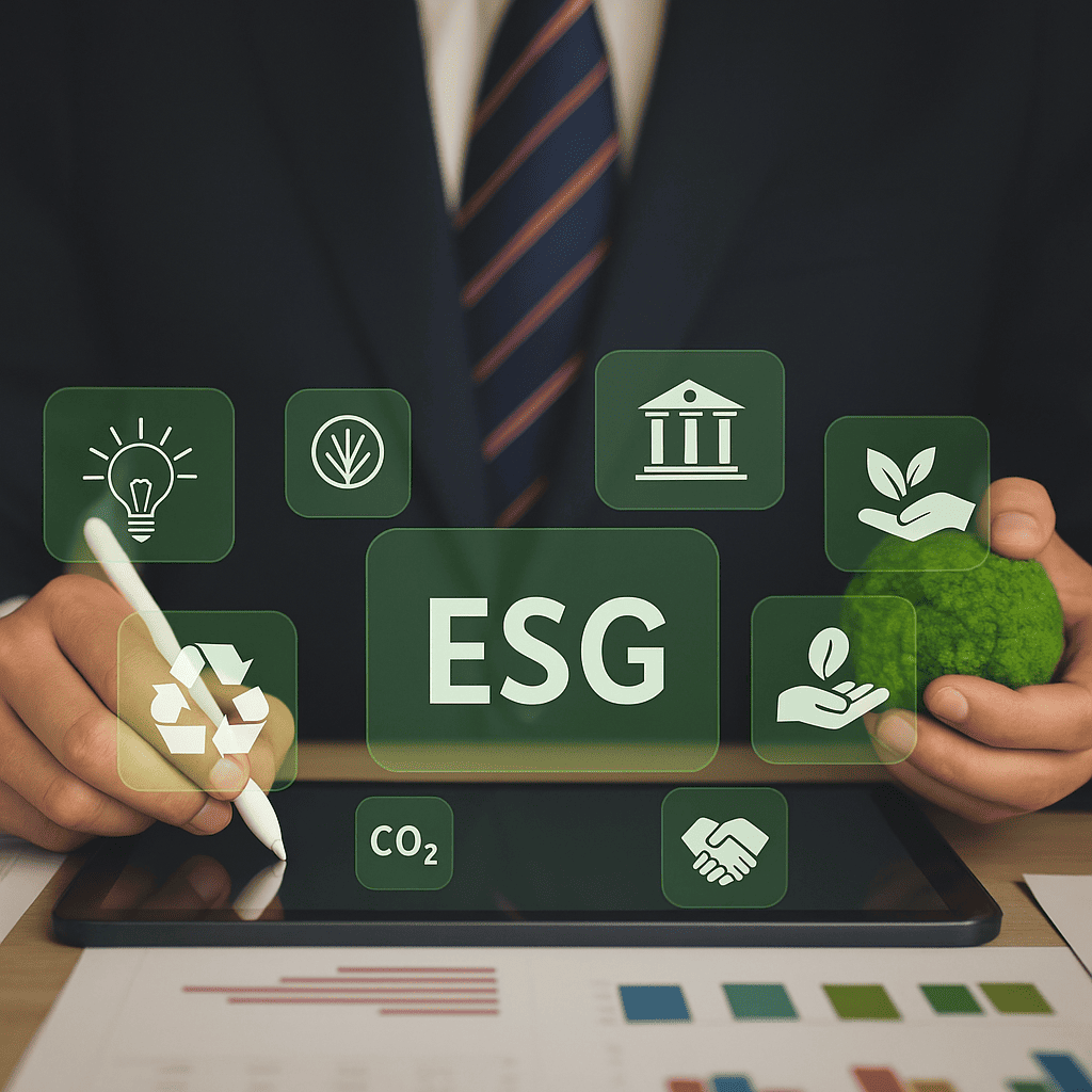 Person im Anzug mit ESG-Symbolen, Pflanze und Tablet