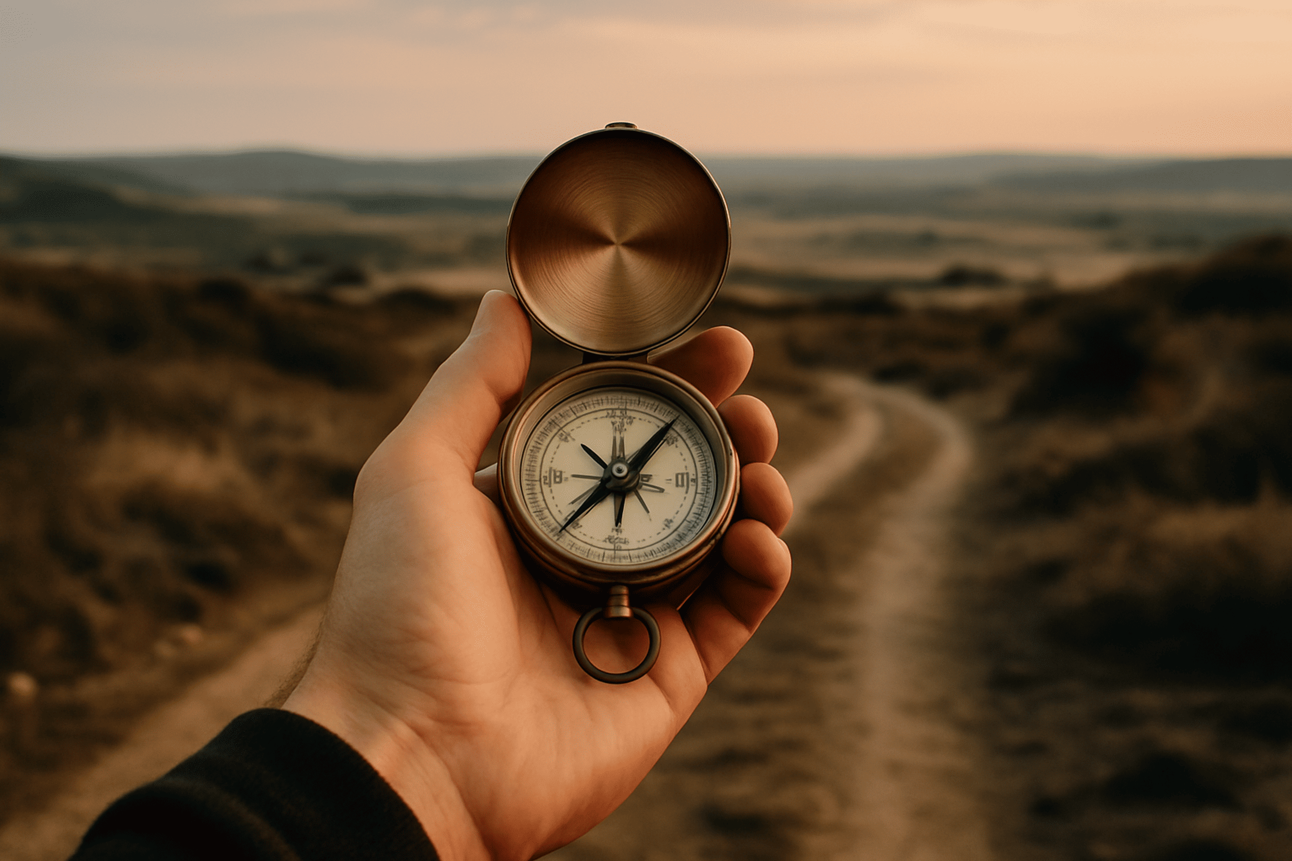 Hand holding a compass with a view of open countryside, symbolizing goal orientation and financial freedom