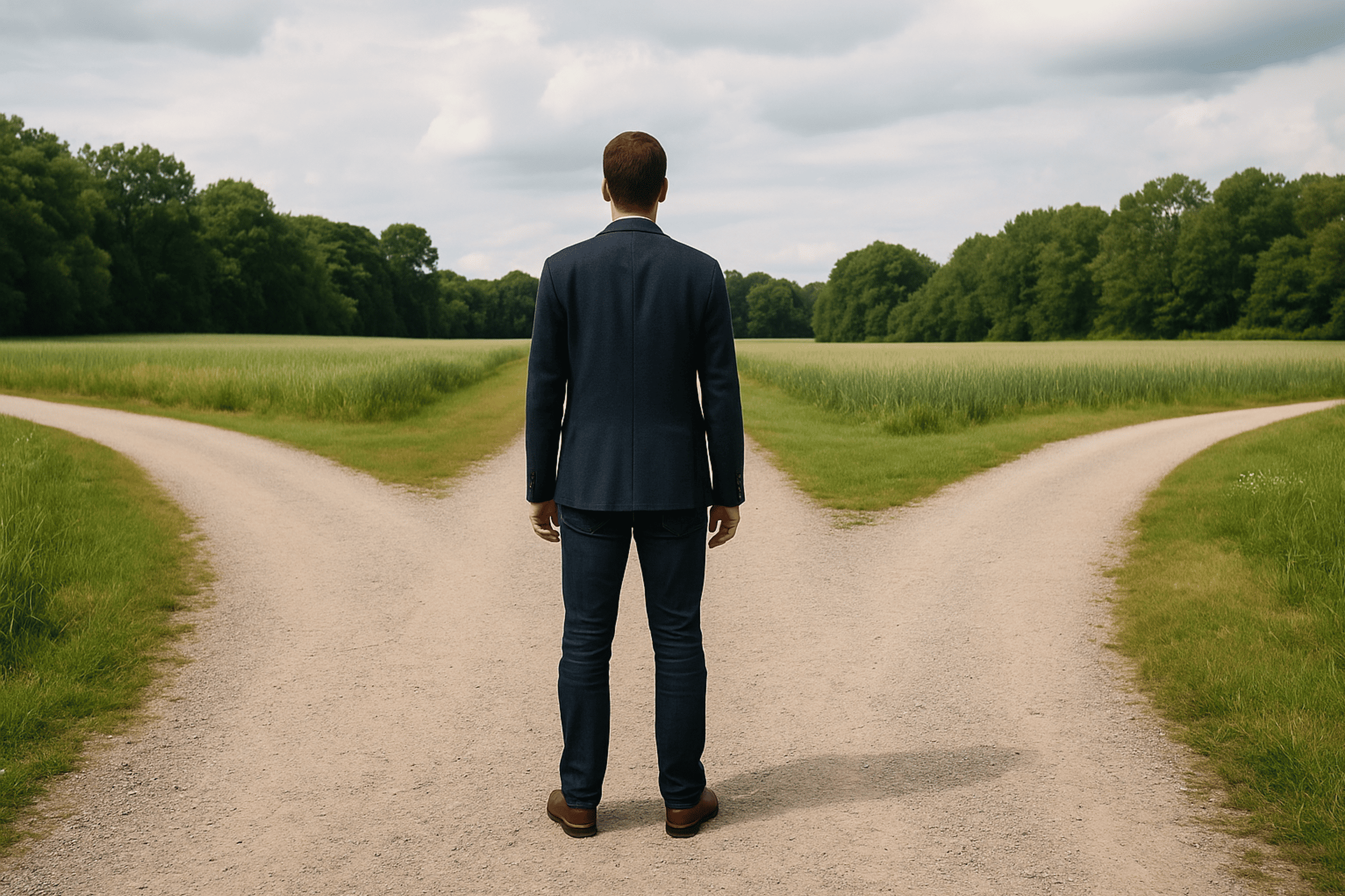 Man standing at a fork in the road, symbolizing different paths to financial freedom