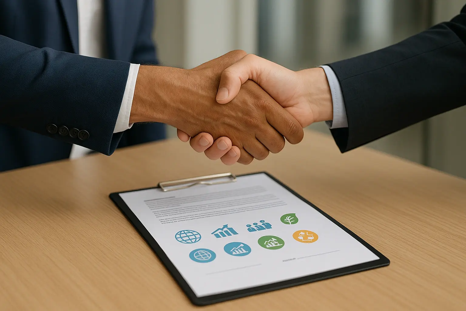 Two business people in suits shake hands over a document with sustainability symbols on a wooden table.