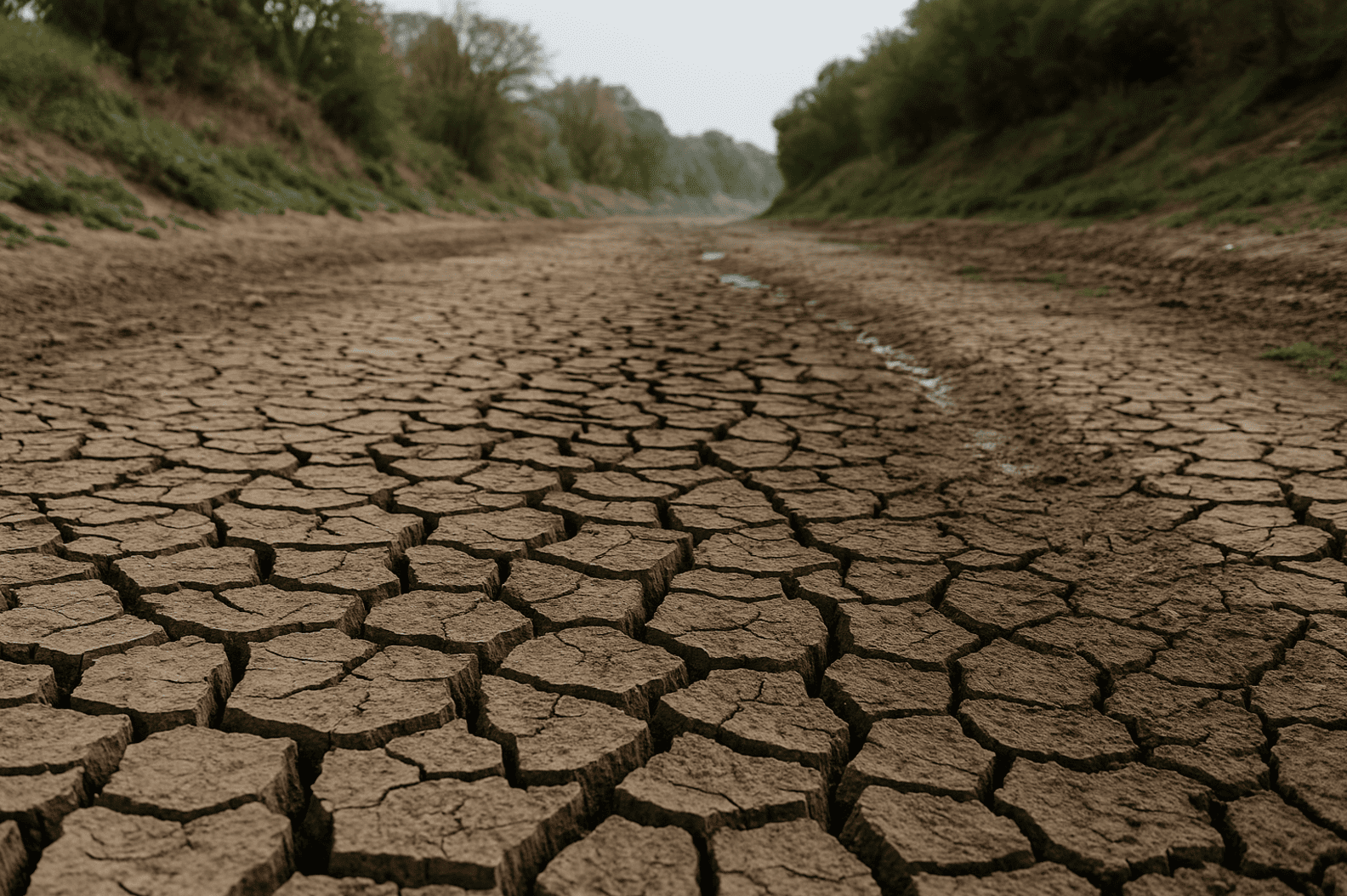 Aufnahme eines trockenen Flussbetts als Zeichen von Wasserknappheit und Klimafolgen